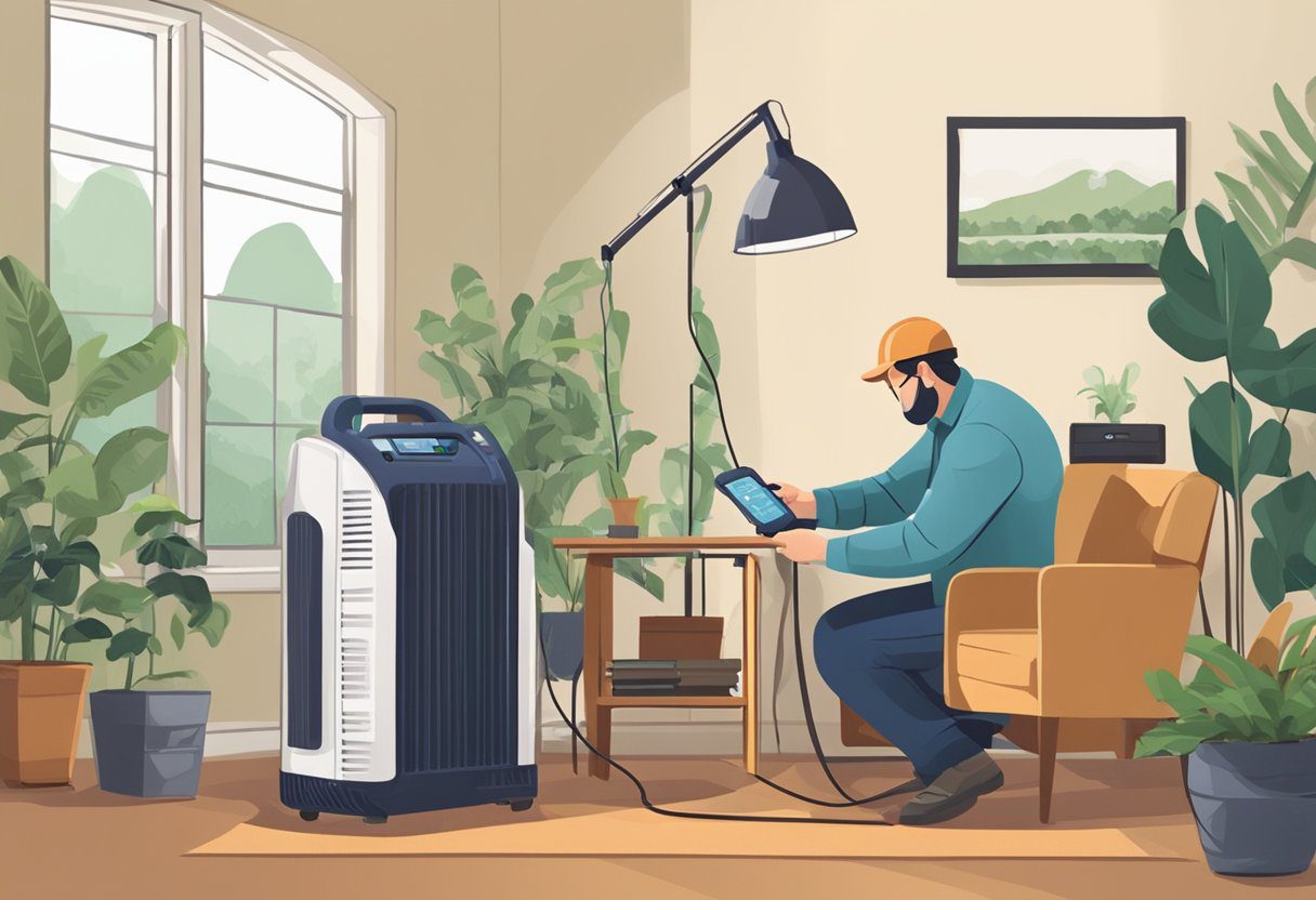 A technician sets up air quality testing equipment in a Knoxville, TN home. The room is well-lit, with furniture and plants in the background