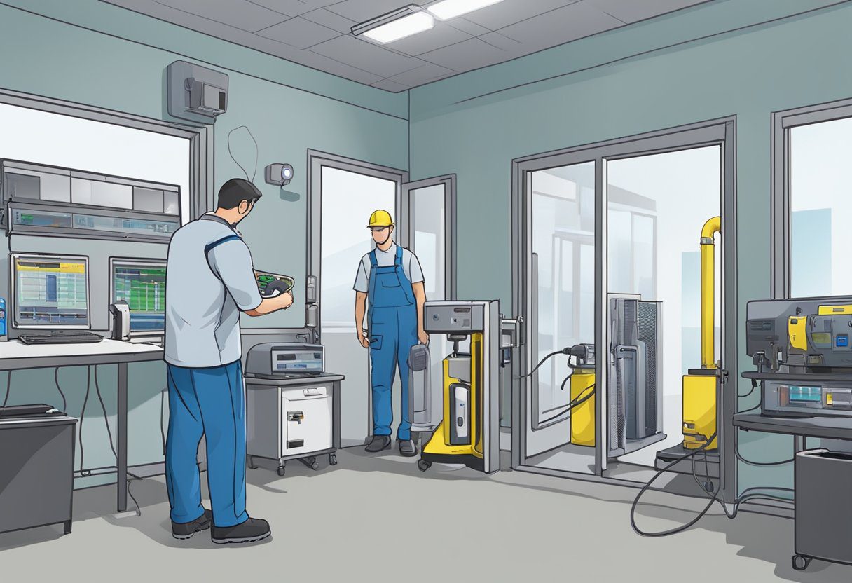 A technician sets up air quality testing equipment in a room with closed windows and doors. The equipment includes a monitor, sampling pumps, and air filters