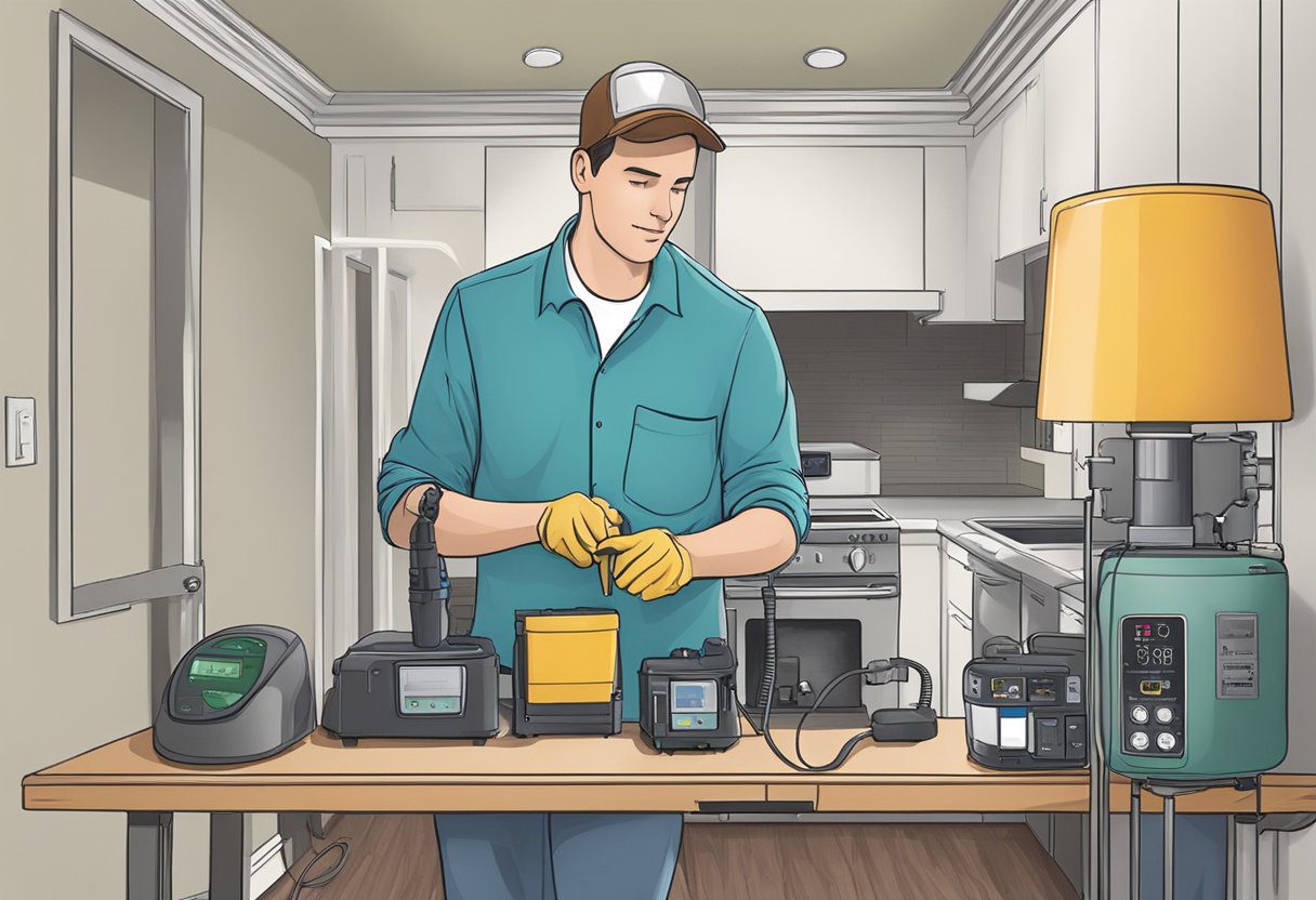 A technician sets up air quality testing equipment in a Knoxville, TN home. The device measures pollutants in the air