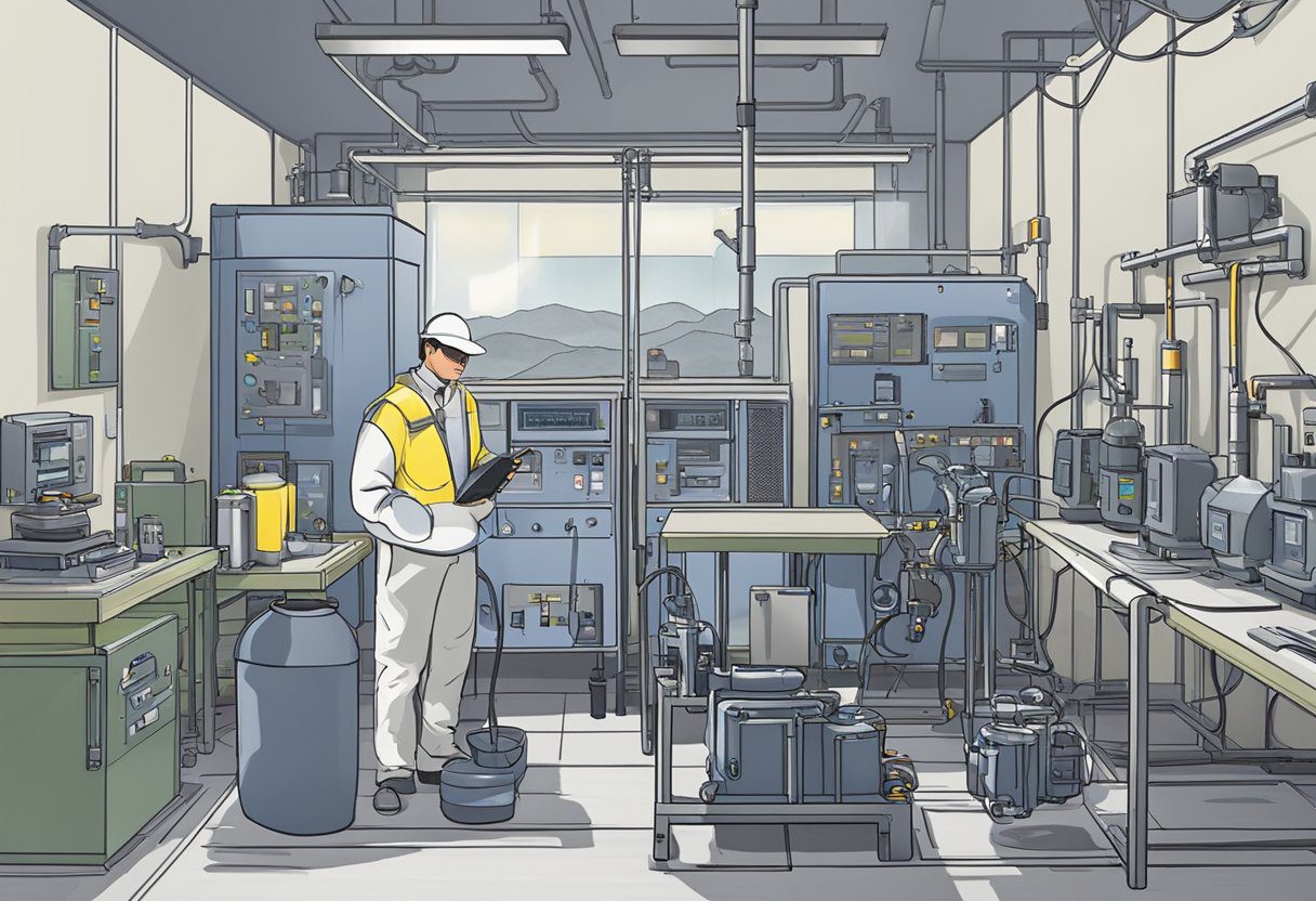 A technician sets up equipment in a room. A machine samples the air. Another device measures pollutants