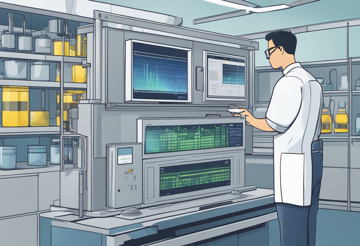 The air quality testing machine hums as it analyzes the sample, displaying the results on a digital screen. A technician observes the process, noting down the findings