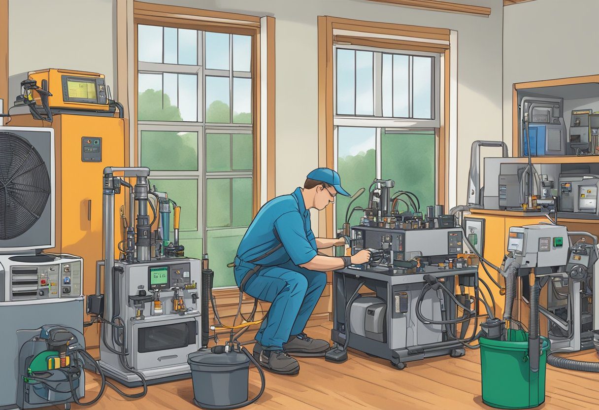 A technician sets up air quality testing equipment in a Knoxville, TN home. The room is filled with various machines and tools as the technician works diligently