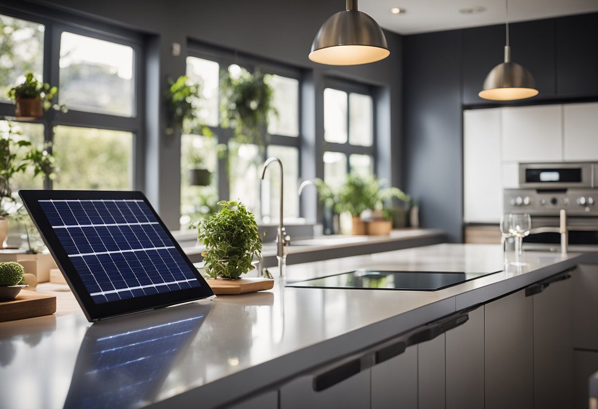 A modern home with energy-efficient appliances, LED lighting, and solar panels. A technician conducting an assessment with specialized tools