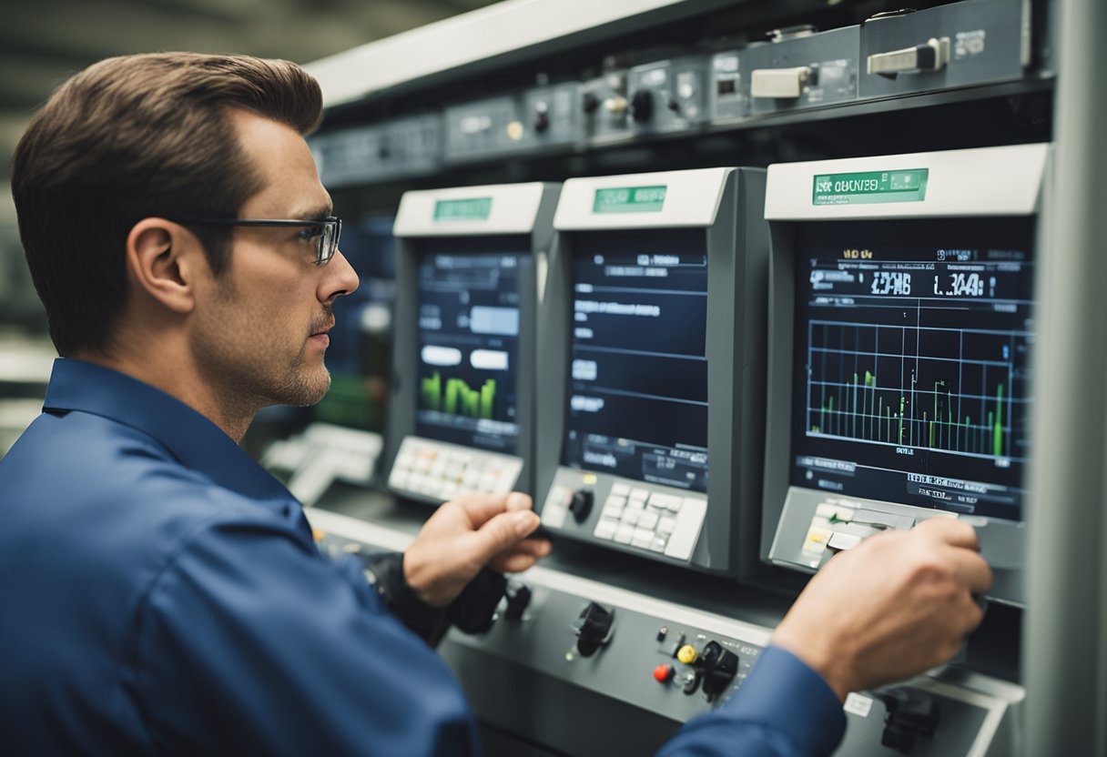 An energy auditor inspects equipment and measures energy usage in a Knoxville TN facility for an efficiency assessment