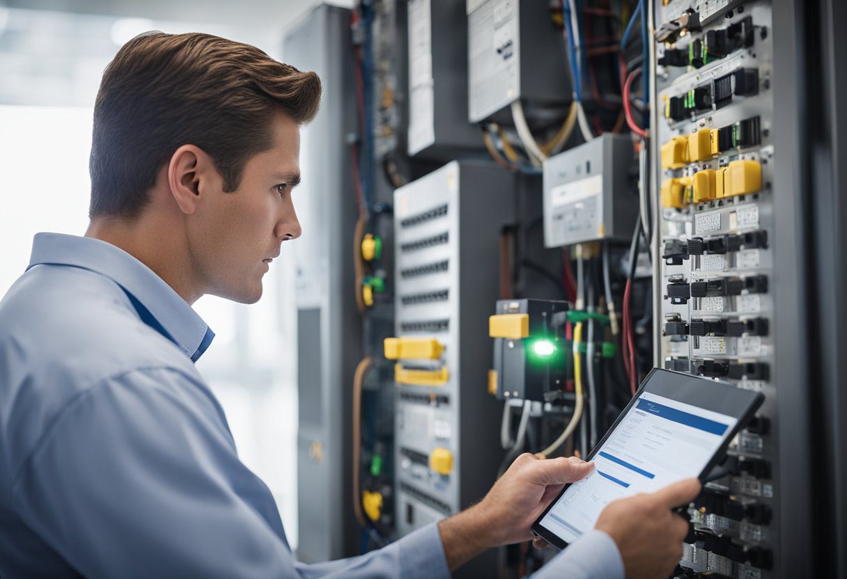 A technician conducts an energy assessment in a Knoxville, TN building, using specialized equipment to measure energy usage and identify areas for improvement