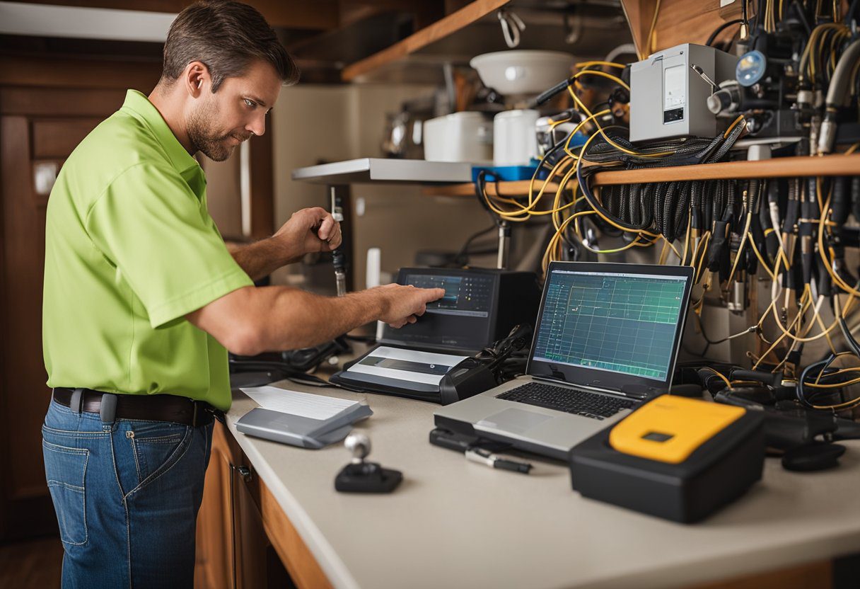 A technician conducts an energy efficiency assessment in a Knoxville TN home, using tools to measure and analyze energy usage