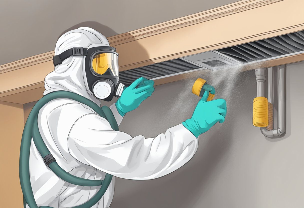 A technician in protective gear removes mold from air ducts in a residential home, following industry standards and certifications