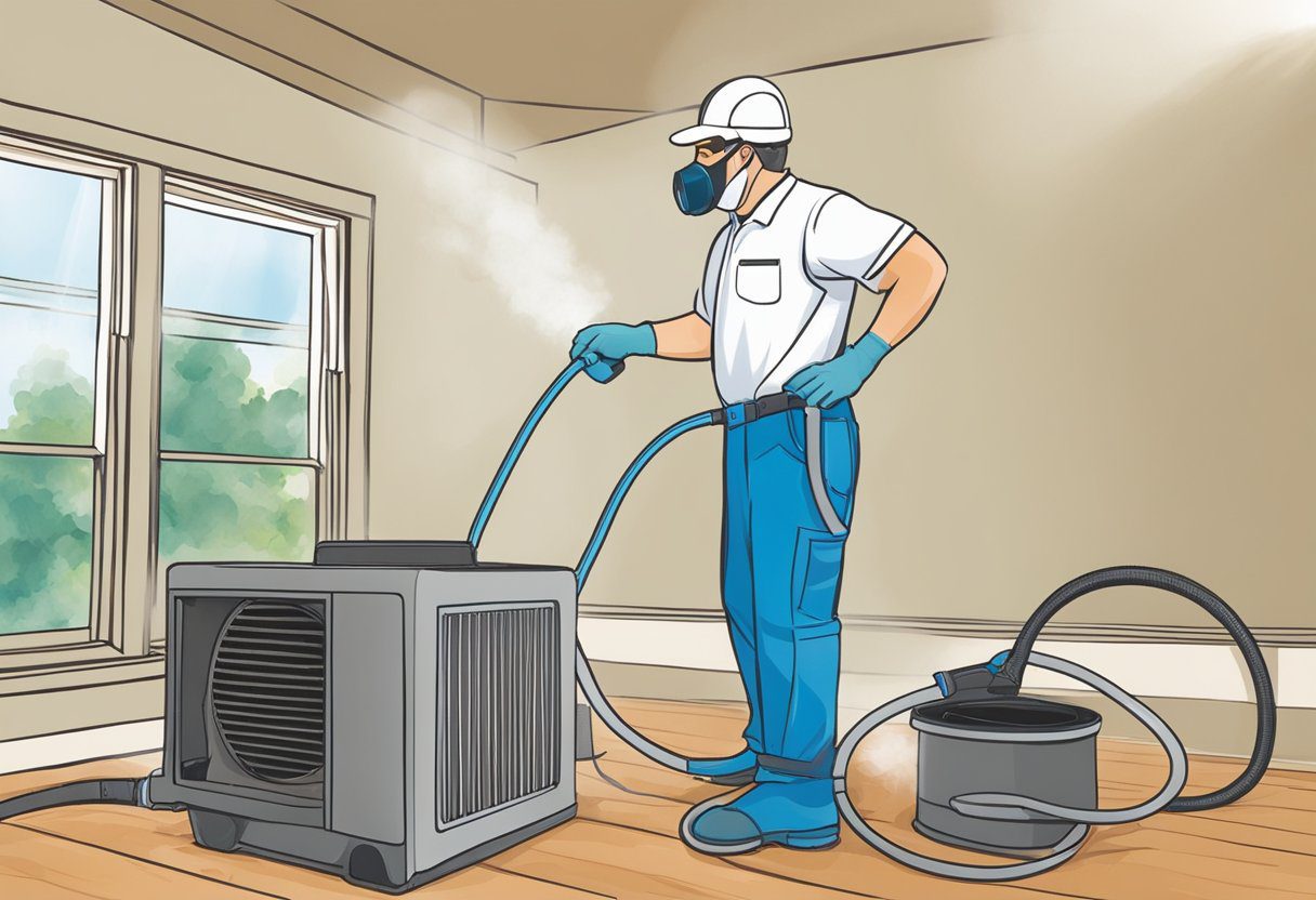 A technician in protective gear sprays and cleans mold-infested air ducts in a dimly lit basement in Knoxville, TN