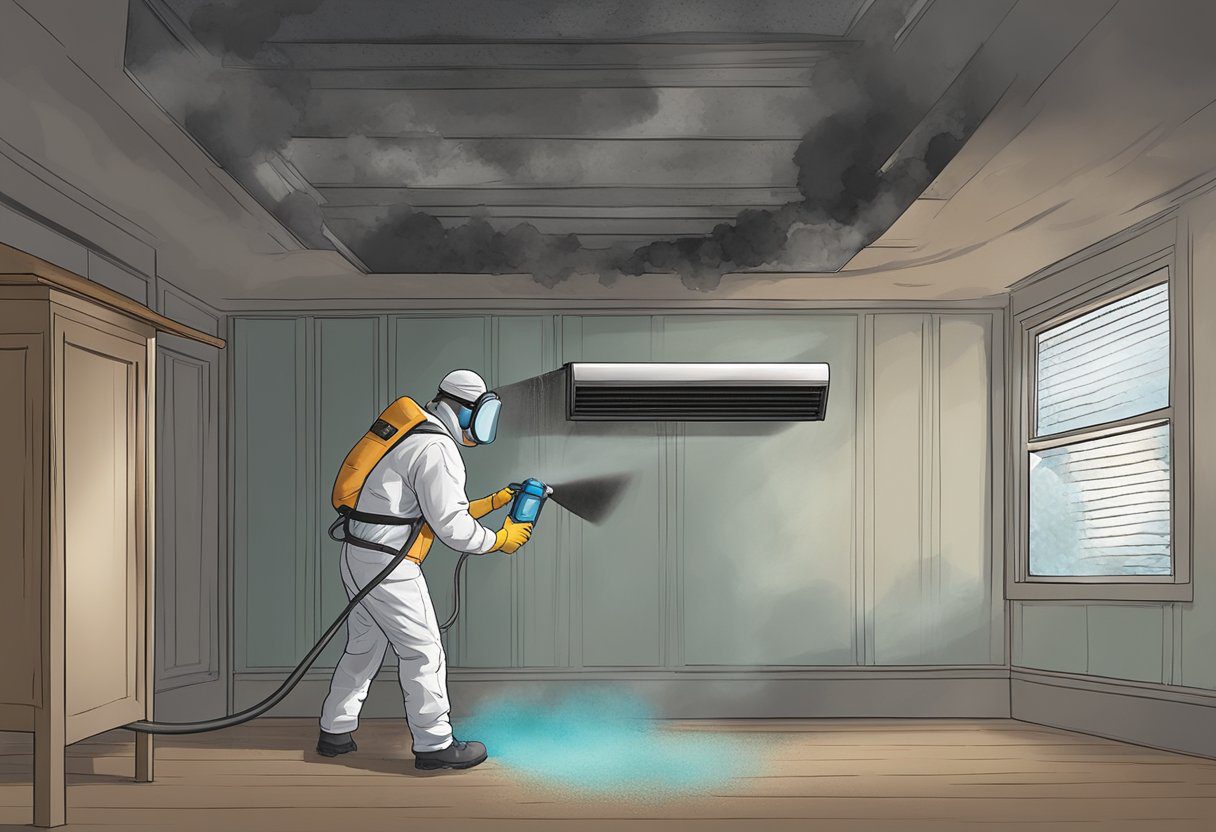 An HVAC technician wearing protective gear sprays a mold and mildew treatment solution into a dark and dusty air duct in a residential home in Knoxville, TN