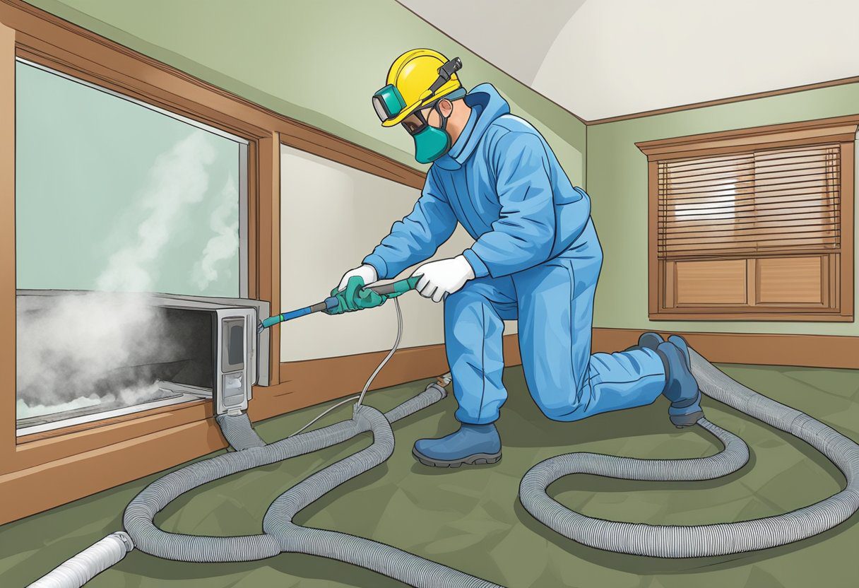 A technician in protective gear applies mold treatment to air ducts in a residential home in Knoxville, TN. Equipment and chemicals are carefully selected for cost efficiency