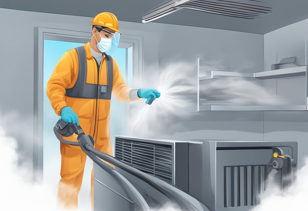 A technician sprays sanitizing mist into a clean air duct, eliminating odors and bacteria. The mist disperses throughout the duct, leaving it fresh and sanitized