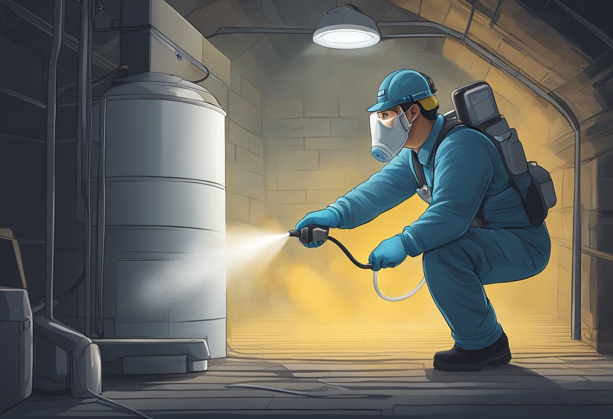 A technician sprays a sanitizing solution into an air duct, followed by a deodorizing treatment, in a dimly lit, dusty basement