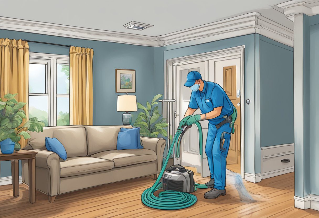 A technician sanitizes and deodorizes air ducts in a Knoxville home, using specialized equipment and products